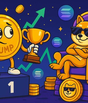 Cartoon-style illustration of the PUMP token character standing on a podium holding a trophy, looking nervously at the confident BONK Shiba Inu lounging on a throne made of Solana coins. The background features floating crypto coins and rising market charts, symbolizing the PUMP token launch success and ongoing meme coin rivalry.