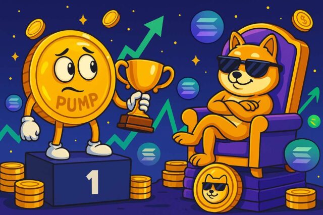 Cartoon-style illustration of the PUMP token character standing on a podium holding a trophy, looking nervously at the confident BONK Shiba Inu lounging on a throne made of Solana coins. The background features floating crypto coins and rising market charts, symbolizing the PUMP token launch success and ongoing meme coin rivalry.