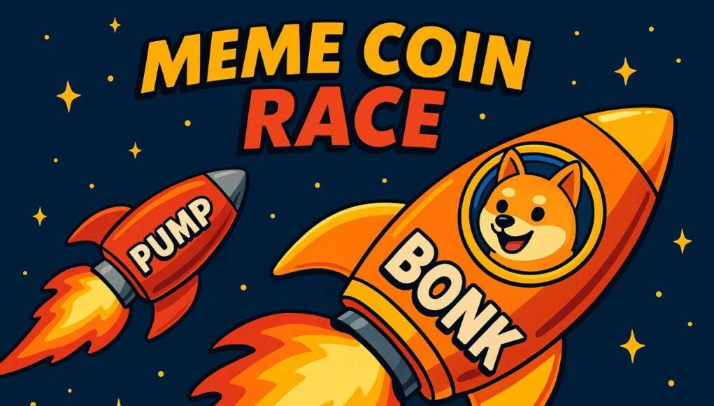 Cartoon-style illustration of two meme coin rockets labeled BONK and PUMP racing through a starry sky, with “MEME COIN RACE” text above. It symbolizes the competitive ICO landscape in the Solana ecosystem.