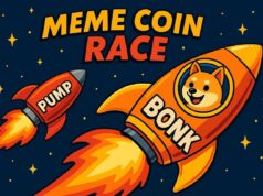 Cartoon-style illustration of two meme coin rockets labeled BONK and PUMP racing through a starry sky, with “MEME COIN RACE” text above. It symbolizes the competitive ICO landscape in the Solana ecosystem.