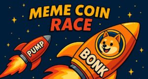 Cartoon-style illustration of two meme coin rockets labeled BONK and PUMP racing through a starry sky, with “MEME COIN RACE” text above. It symbolizes the competitive ICO landscape in the Solana ecosystem.