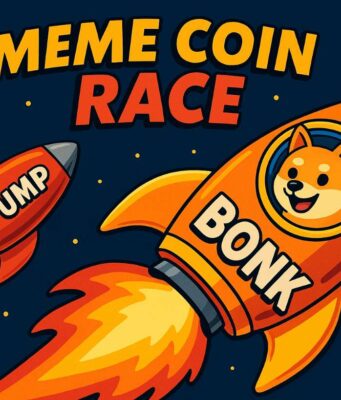 Cartoon-style illustration of two meme coin rockets labeled BONK and PUMP racing through a starry sky, with “MEME COIN RACE” text above. It symbolizes the competitive ICO landscape in the Solana ecosystem.