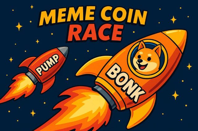 Cartoon-style illustration of two meme coin rockets labeled BONK and PUMP racing through a starry sky, with “MEME COIN RACE” text above. It symbolizes the competitive ICO landscape in the Solana ecosystem.