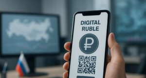 Person holding a smartphone displaying Digital Ruble payment screen with QR code and ₽ symbol, in a modern Russian office with financial charts and a map of Russia in the background.
