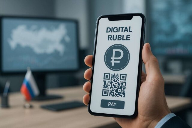 Person holding a smartphone displaying Digital Ruble payment screen with QR code and ₽ symbol, in a modern Russian office with financial charts and a map of Russia in the background.