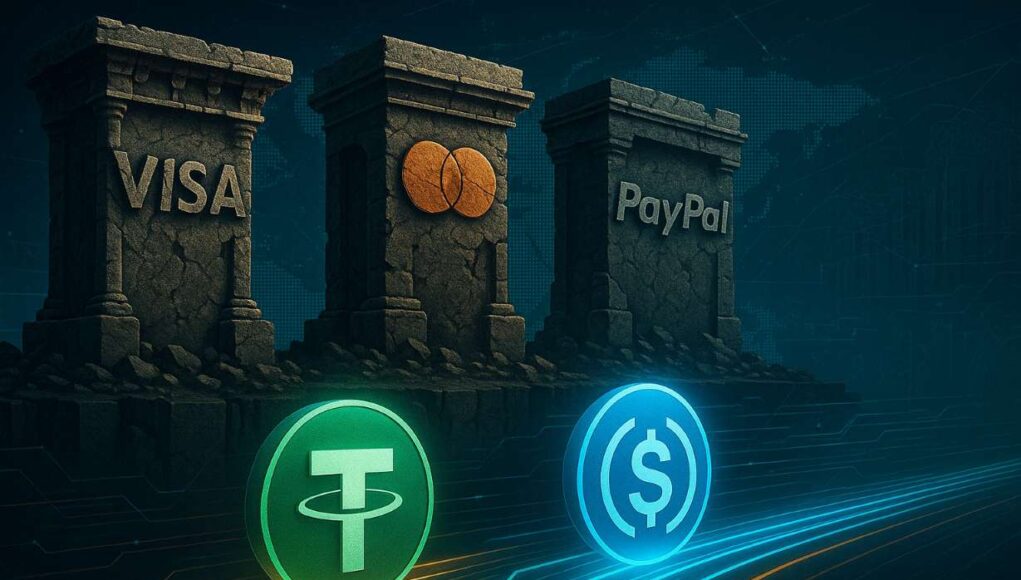 Illustration of crumbling stone pillars labeled Visa, Mastercard, and PayPal above glowing USDT and USDC symbols traveling along digital rails, representing the rise of stablecoin transaction volume over traditional payment networks.