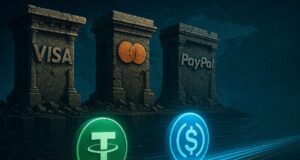 Illustration of crumbling stone pillars labeled Visa, Mastercard, and PayPal above glowing USDT and USDC symbols traveling along digital rails, representing the rise of stablecoin transaction volume over traditional payment networks.