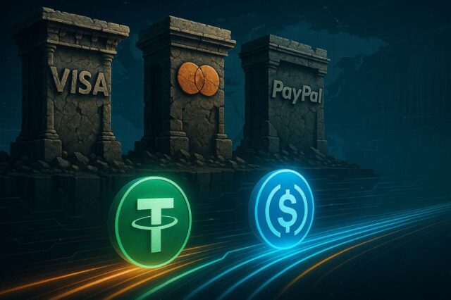 Illustration of crumbling stone pillars labeled Visa, Mastercard, and PayPal above glowing USDT and USDC symbols traveling along digital rails, representing the rise of stablecoin transaction volume over traditional payment networks.