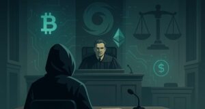 Illustration of Tornado Cash trial depicting a courtroom scene with a hooded figure, cryptocurrency symbols like Bitcoin and Ethereum, and a judge presiding, symbolizing legal scrutiny of crypto privacy tools.