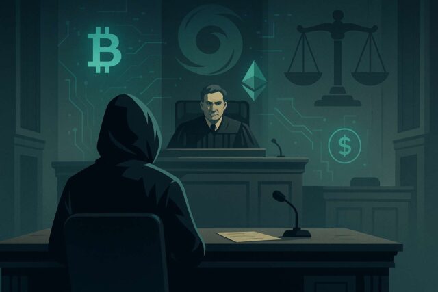 Illustration of Tornado Cash trial depicting a courtroom scene with a hooded figure, cryptocurrency symbols like Bitcoin and Ethereum, and a judge presiding, symbolizing legal scrutiny of crypto privacy tools.