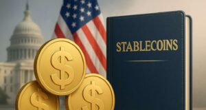 Photo-realistic illustration of golden dollar coins, a legal book titled “Stablecoins,” and the US Capitol building in the background, symbolizing US stablecoin regulation and financial compliance.