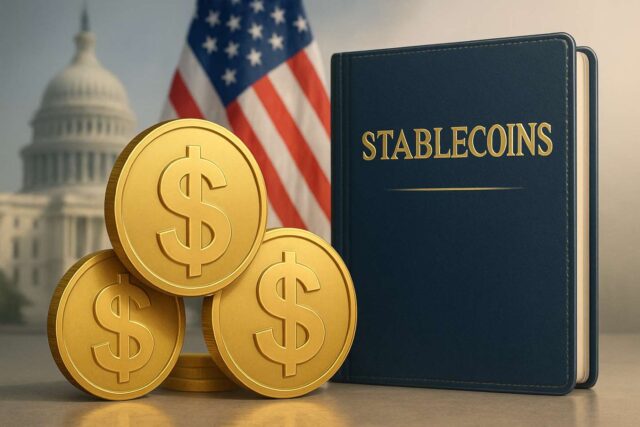 Photo-realistic illustration of golden dollar coins, a legal book titled “Stablecoins,” and the US Capitol building in the background, symbolizing US stablecoin regulation and financial compliance.