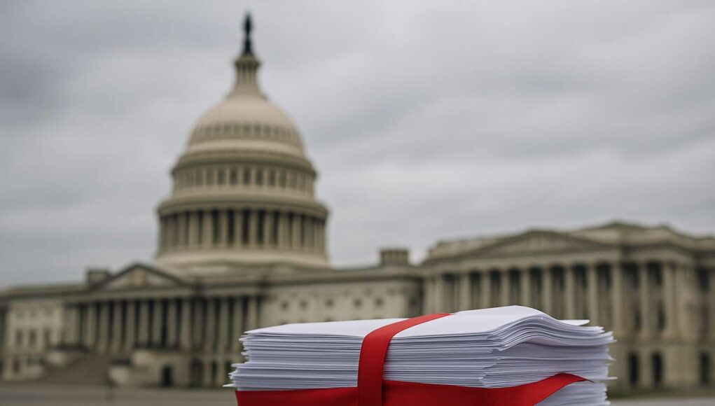 US crypto week A stack of legislative documents bound with red tape sits on a stone ledge in front of the blurred US Capitol building under overcast skies, symbolizing stalled US crypto regulation and Congressional gridlock.