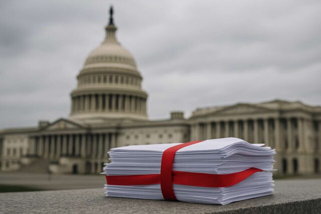 A stack of legislative documents bound with red tape sits on a stone ledge in front of the blurred US Capitol building under overcast skies, symbolizing stalled US crypto regulation and Congressional gridlock.