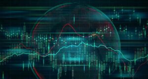Finance and global financial markets concept world map at background stock market chart and forex data. 3d rendering