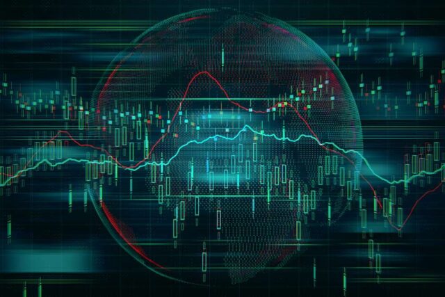 Xstocks-tokenized-stock-trading Finance and global financial markets concept world map at background stock market chart and forex data. 3d rendering