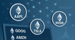 Illustration of tokenized U.S. stocks as Ethereum-style coins labeled AAPL, TSLA, NVDA, GOOG, and AMZN, floating over a blockchain network with eToro branding, symbolizing eToro's move into 24/5 trading and blockchain infrastructure.