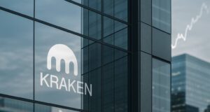 Glass facade of a modern office tower reflecting the Kraken logo, with blurred financial charts and ticker tape in the background, symbolizing crypto IPO ambitions and institutional finance.