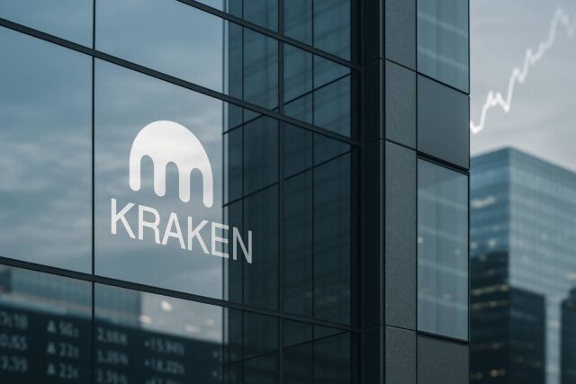 Glass facade of a modern office tower reflecting the Kraken logo, with blurred financial charts and ticker tape in the background, symbolizing crypto IPO ambitions and institutional finance.
