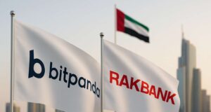 Flags of Bitpanda and RAKBANK side by side with the UAE flag in the background, set against a modern Dubai skyline. The companies partnered to launch embedded crypto trading services for UAE retail banking customers.