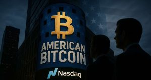 Nasdaq building in New York displaying American Bitcoin logo with Bitcoin symbol, illustrating Trump-backed American Bitcoin Nasdaq listing through Gryphon Digital Mining merger.