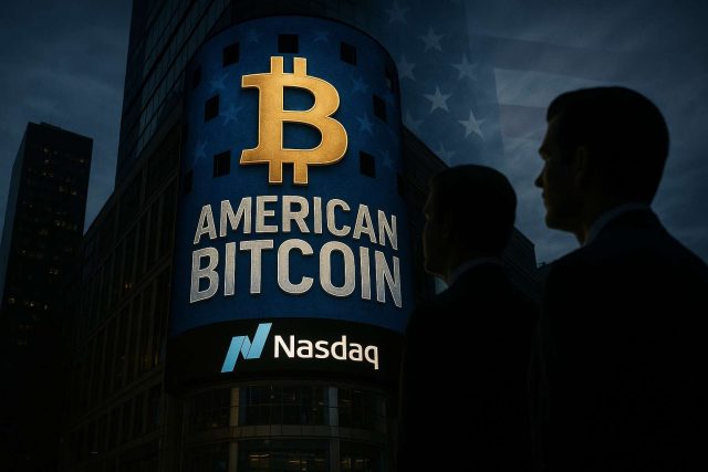 Nasdaq building in New York displaying American Bitcoin logo with Bitcoin symbol, illustrating Trump-backed American Bitcoin Nasdaq listing through Gryphon Digital Mining merger.