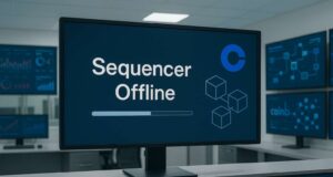 Photo-realistic image of a modern network operations center showing a large central monitor with the message “Sequencer Offline” and blockchain graphics, illustrating the Base network outage affecting Coinbase’s Layer 2.