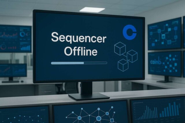 Photo-realistic image of a modern network operations center showing a large central monitor with the message “Sequencer Offline” and blockchain graphics, illustrating the Base network outage affecting Coinbase’s Layer 2.