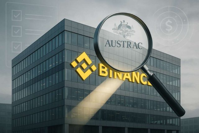 Editorial illustration of Binance headquarters under an AUSTRAC audit, with a magnifying glass featuring the AUSTRAC seal highlighting compliance checks and AML oversight.