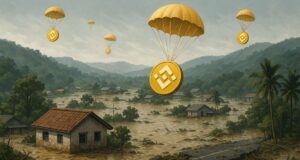 Crypto Meets Crisis Relief: Binance Sends Aid to Flooded Taiwan Illustration of a flooded rural area in Southern Taiwan with BNB coins descending by parachute, symbolizing Binance’s crypto airdrop for disaster relief.
