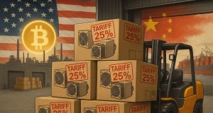 Photo-realistic editorial illustration. Boxed Bitcoin mining rigs with “Tariff 25%” customs tags at a port, forklift moving equipment, U.S. and Chinese flags in the background with a glowing Bitcoin symbol.