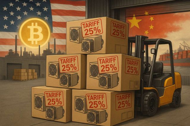 Tariffs Push U.S. Bitcoin Mining Into Survival Mode Amid Global Supply Chain Shakeup Photo-realistic editorial illustration. Boxed Bitcoin mining rigs with “Tariff 25%” customs tags at a port, forklift moving equipment, U.S. and Chinese flags in the background with a glowing Bitcoin symbol.