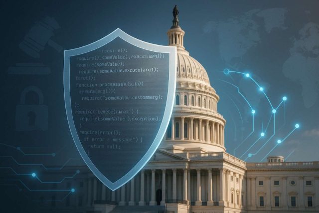 U.S. Capitol with a translucent code shield and subtle circuitry, illustrating the Senate crypto bill debate over developer protections and U.S. innovation.