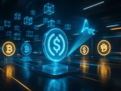 Futuristic digital finance hub with glowing USDC symbol and connected blockchain nodes, representing Circle’s upcoming Arc Layer-1 blockchain for stablecoin payments and FX.