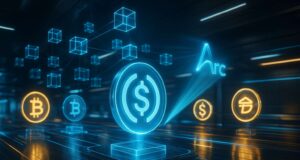 Futuristic digital finance hub with glowing USDC symbol and connected blockchain nodes, representing Circle’s upcoming Arc Layer-1 blockchain for stablecoin payments and FX.