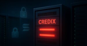 A dimly lit server room with a glowing red “CREDIX” server showing warning lights, symbolizing a DeFi hack. Faint Solana logos and digital padlocks appear in the background, highlighting smart contract vulnerability.