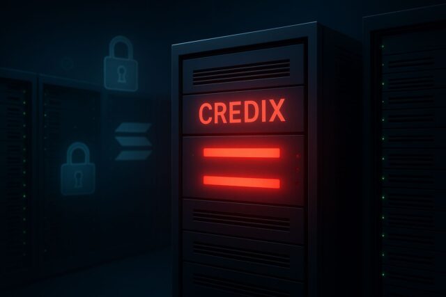 A dimly lit server room with a glowing red “CREDIX” server showing warning lights, symbolizing a DeFi hack. Faint Solana logos and digital padlocks appear in the background, highlighting smart contract vulnerability.