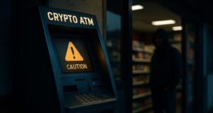 Photo-realistic illustration of a Bitcoin-enabled crypto ATM in a dimly lit store displaying a caution warning, with a shadowy figure watching from the background, symbolizing crypto ATM fraud risk.