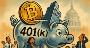 Satirical editorial illustration of a giant Bitcoin and private equity skyscraper being placed into a transparent piggy bank labeled “401(k),” with miniature office workers looking shocked, set against a blurred U.S. Capitol dome, symbolizing Trump’s executive order on alternative assets in retirement plans.