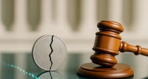 Cracked “stablecoin” coin beside a gavel on a courthouse table, symbolizing Do Kwon guilty plea in a U.S. fraud case and the TerraUSD/LUNA collapse.