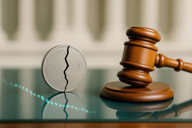 Cracked “stablecoin” coin beside a gavel on a courthouse table, symbolizing Do Kwon guilty plea in a U.S. fraud case and the TerraUSD/LUNA collapse.