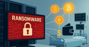 Bright editorial illustration showing a ransomware attack in a hospital setting. A red warning screen with a padlock icon faces a hospital bed and medical monitors, while cryptocurrency symbols and a wallet icon are connected by dotted lines, symbolizing ransom payments in digital currency.