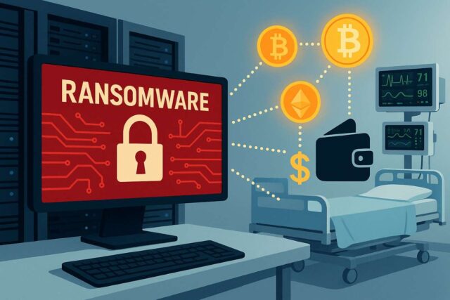 Bright editorial illustration showing a ransomware attack in a hospital setting. A red warning screen with a padlock icon faces a hospital bed and medical monitors, while cryptocurrency symbols and a wallet icon are connected by dotted lines, symbolizing ransom payments in digital currency.