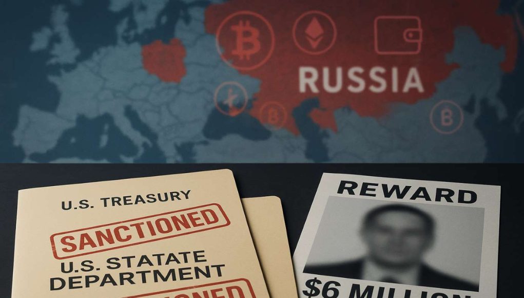Garantex-Grinex-Sanctions U.S. Treasury and State Department folders marked “Sanctioned” with a $6 million reward notice, set against a blurred map of Russia and cryptocurrency icons, symbolizing sanctions on Garantex and Grinex.