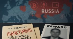 U.S. Treasury and State Department folders marked “Sanctioned” with a $6 million reward notice, set against a blurred map of Russia and cryptocurrency icons, symbolizing sanctions on Garantex and Grinex.