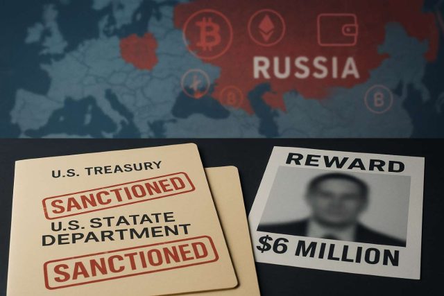 U.S. Sanctions Garantex and Grinex, Offers $6 Million Bounty in Russian Crypto Crackdown U.S. Treasury and State Department folders marked “Sanctioned” with a $6 million reward notice, set against a blurred map of Russia and cryptocurrency icons, symbolizing sanctions on Garantex and Grinex.