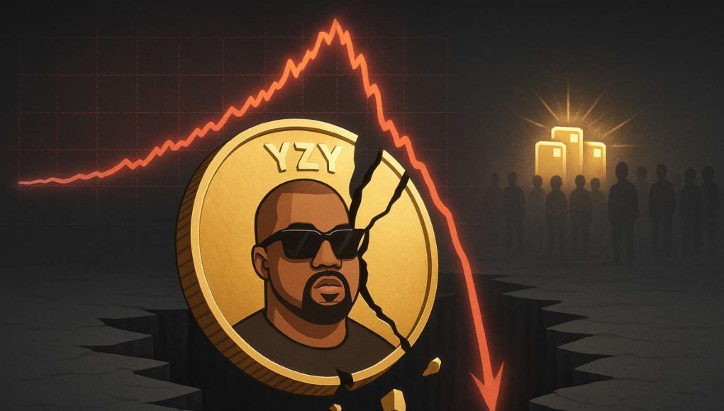 Editorial illustration of Kanye West’s YZY token crash showing a cracked YZY coin falling apart, a price chart plunging after a $3B spike, glowing wallets symbolizing insider profits, and shadowy retail investors left empty-handed.