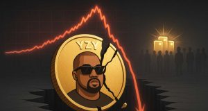 Editorial illustration of Kanye West’s YZY token crash showing a cracked YZY coin falling apart, a price chart plunging after a $3B spike, glowing wallets symbolizing insider profits, and shadowy retail investors left empty-handed.