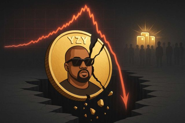 Kanye West’s YZY Token Crash: $3B Hype Ends in Pain for Retail Investors Editorial illustration of Kanye West’s YZY token crash showing a cracked YZY coin falling apart, a price chart plunging after a $3B spike, glowing wallets symbolizing insider profits, and shadowy retail investors left empty-handed.