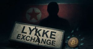Editorial illustration of the collapsed Lykke Exchange, with a broken sign on the ground, Bitcoin and Ethereum fragments scattered like glass, and a shadowy North Korean figure symbolizing the Lazarus Group hack.